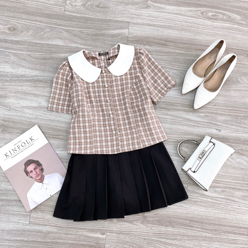 [ Ảnh thật + video ] Áo kẻ phối cổ sen so cute