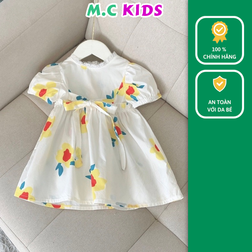 Váy bé gái cute cổ ren nơ eo, váy thiết kế size từ 7-26kg chất thô hàn mát mẻ, đầm cho bé gái đi học- MC KIDS