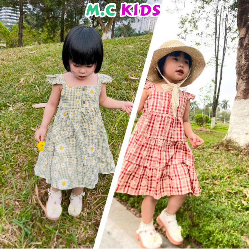 Váy 2 dây bản to cho bé gái hoạ tiết kẻ hoa cúc- chất liệu cotton mềm mịn, thoáng mát- đầm 2 dây