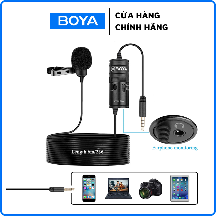 Micro Thu Âm Cài Áo Boya BY-M1 Pro Cổng 3.5mm Dành Cho Điện Thoại, Máy Ảnh - Chính Hãng