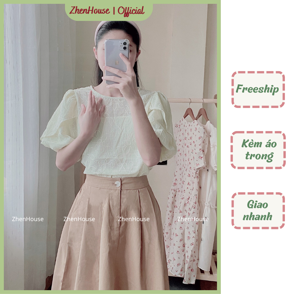 Áo Kiểu Cổ Tròn Tay Bồng, Áo Sơ Mi Vintage Thêu Hoa A06 Có Kèm Lót Quây Bên Trong