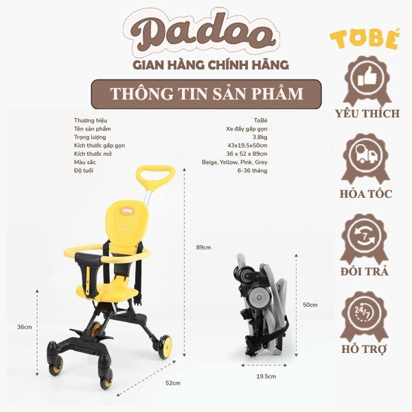 Xe Đẩy Gấp Gọn OLWEN PLUS TOBÉ Đa Năng An Toàn Tiện Lợi Có Đệm Mái Che Chịu Tải Trọng 30KG Từ 6m Thiết Kế Hàn Quốc Đẹp