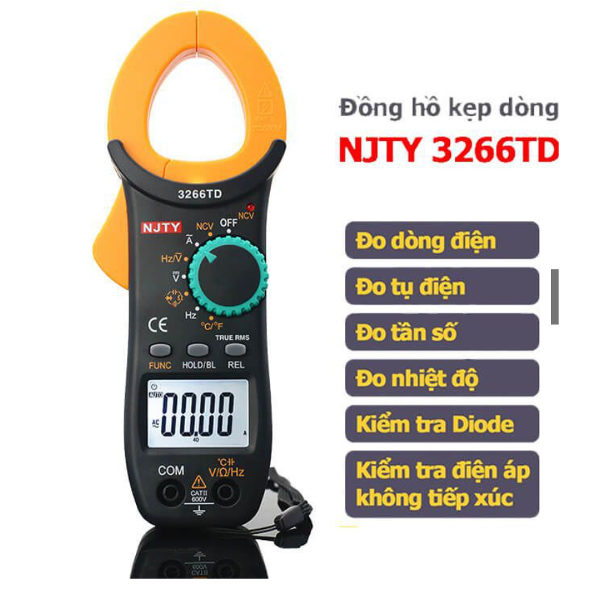 Ampe kìm Đồng hồ kẹp dòng vạn năng NJTY 3266TD đo tụ, tần số, nhiệt độ, điện trở, điện áp