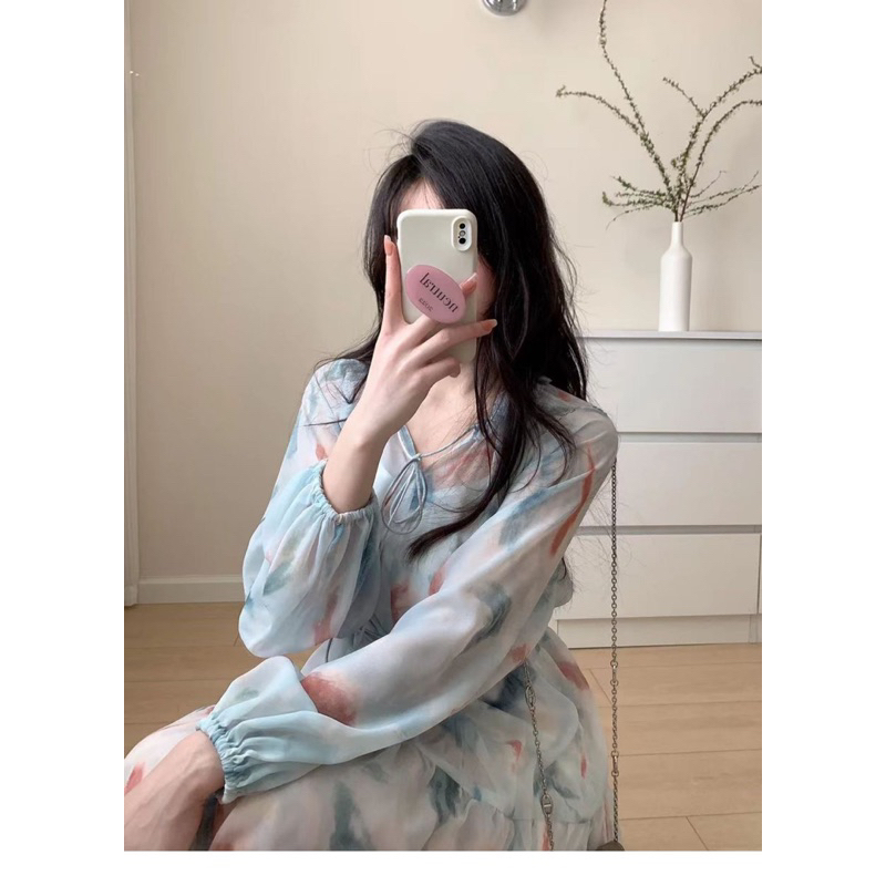 Đầm voan tay dài dáng xoè cột eo koreastyle