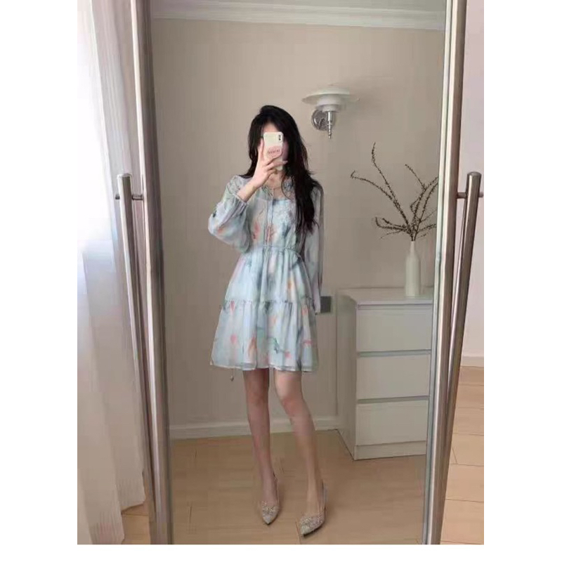 Đầm voan tay dài dáng xoè cột eo koreastyle