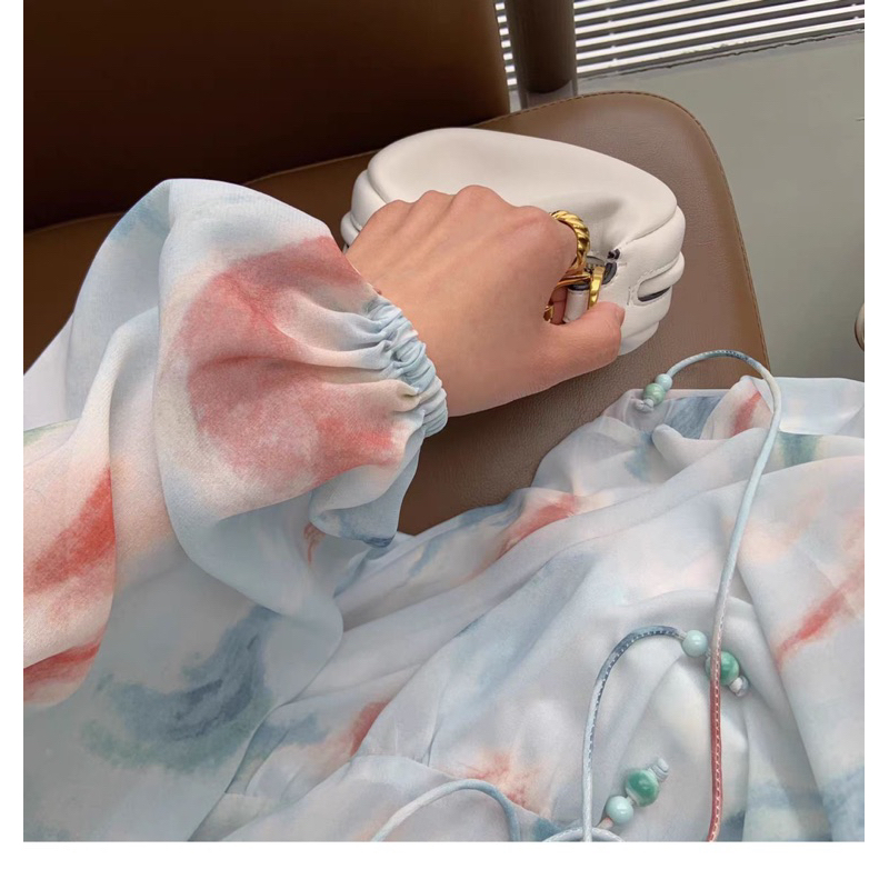 Đầm voan tay dài dáng xoè cột eo koreastyle