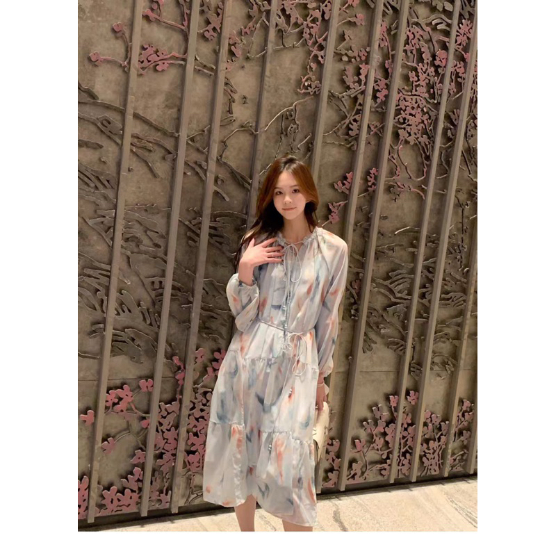 Đầm voan tay dài dáng xoè cột eo koreastyle