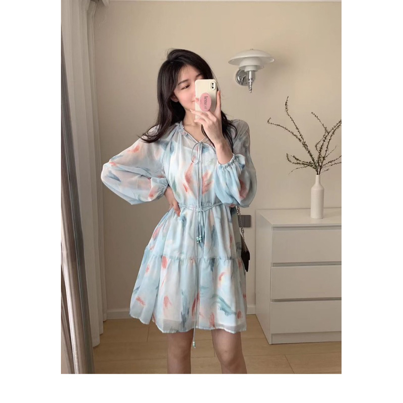 Đầm voan tay dài dáng xoè cột eo koreastyle