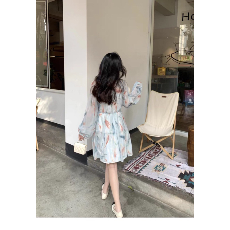 Đầm voan tay dài dáng xoè cột eo koreastyle