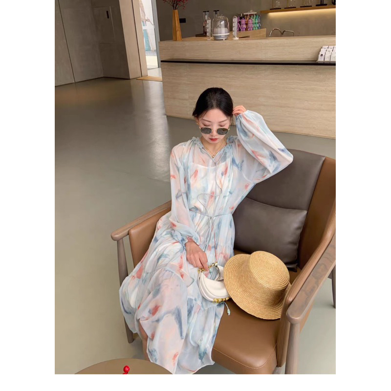 Đầm voan tay dài dáng xoè cột eo koreastyle