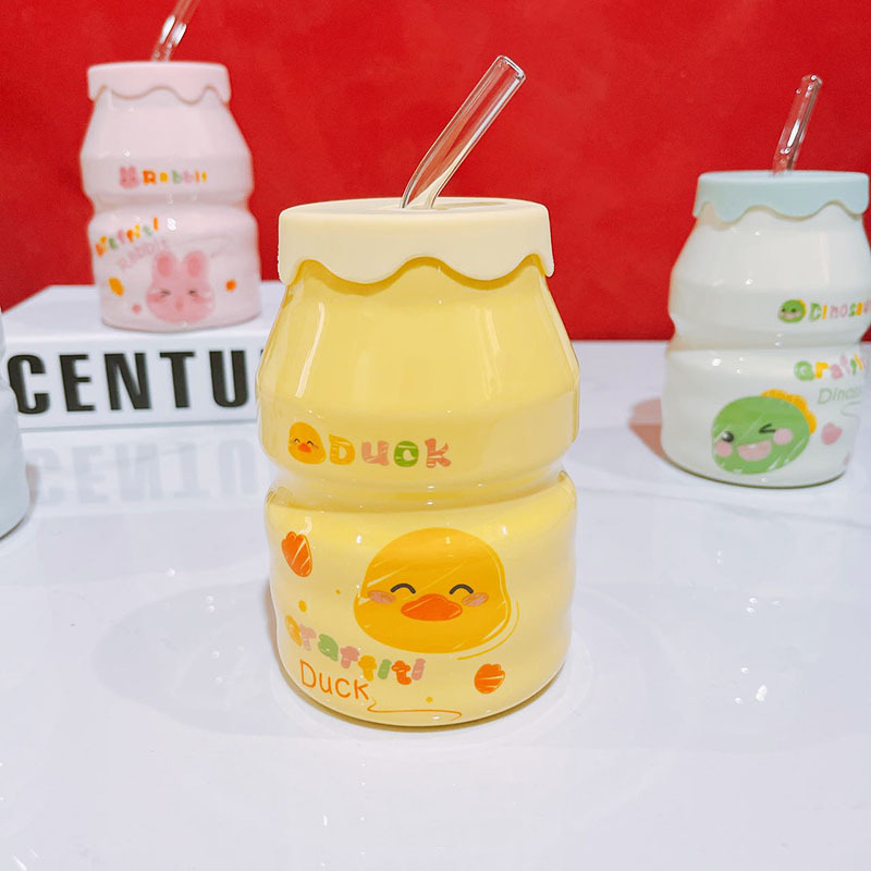 Bình Uống Nước 400ml, Cốc Sứ Kèm Nắp Silicon Và Ống Hút Có Nút Đậy