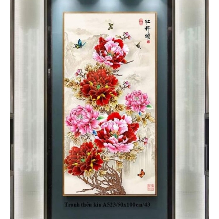tranh thêu chữ thập hoa mẫu đơn tuyệt đẹp A523 (85x40cm)