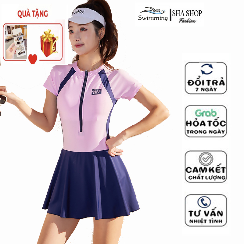 Bộ đồ bơi một mảnh nữ ngắn tay, áo lót ngực, quần hai lớp phong cách Hàn Quốc trẻ trung năng động SHA