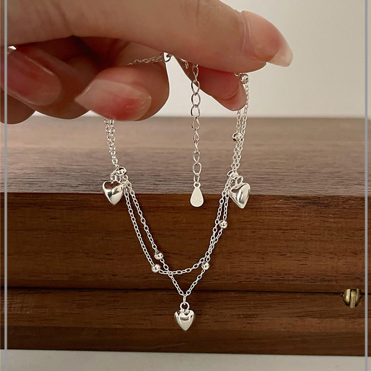Vòng tay nữ lắc tay nữ bạc dây xích kép bi tròn và 3 trái tim phồng tua rua phong cách Hàn Quốc Cá jewelry LTB222