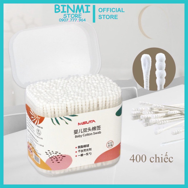 Tăm bông cho bé sơ sinh được làm từ bông tự nhiên hộp 400 que Misuta, hộp V-coool 200 que
