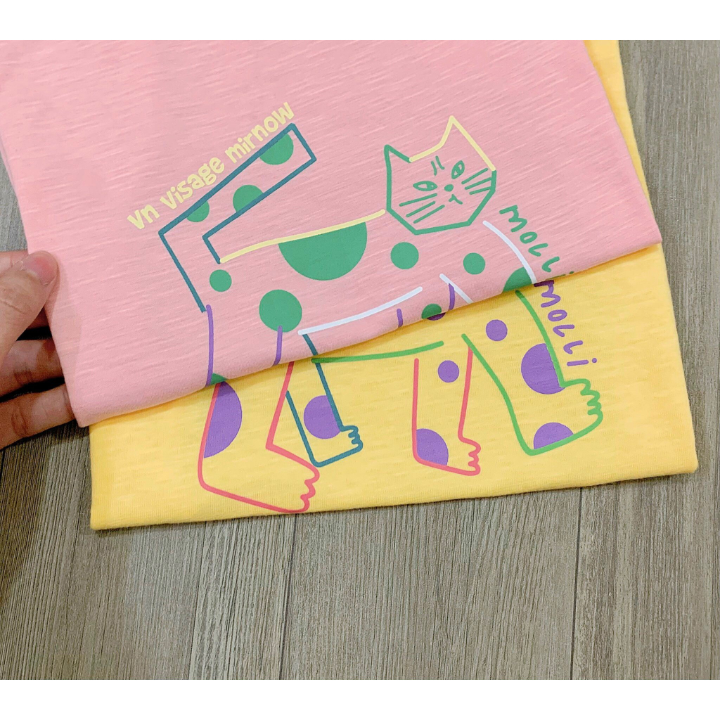 Bộ cotton áo kèm chân váy Mollimelli xuất Hàn. Siêu mát và thấm hút mồ hôi. Áo in hình mèo cute lắm. Size 100-150
