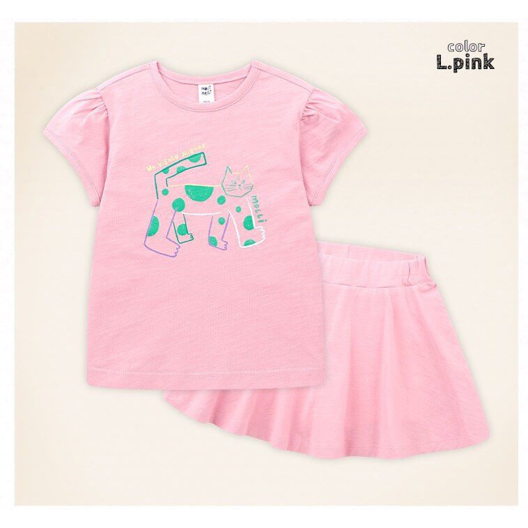 Bộ cotton áo kèm chân váy Mollimelli xuất Hàn. Siêu mát và thấm hút mồ hôi. Áo in hình mèo cute lắm. Size 100-150
