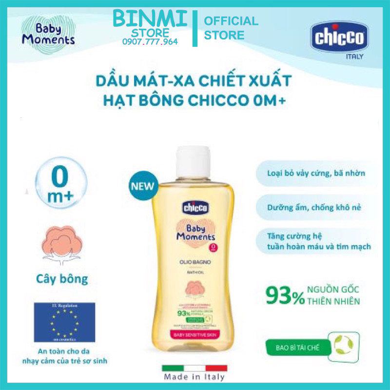 Dầu Mát-xa Chicco chiết xuất cám gạo 0M+ Chicco 200ml