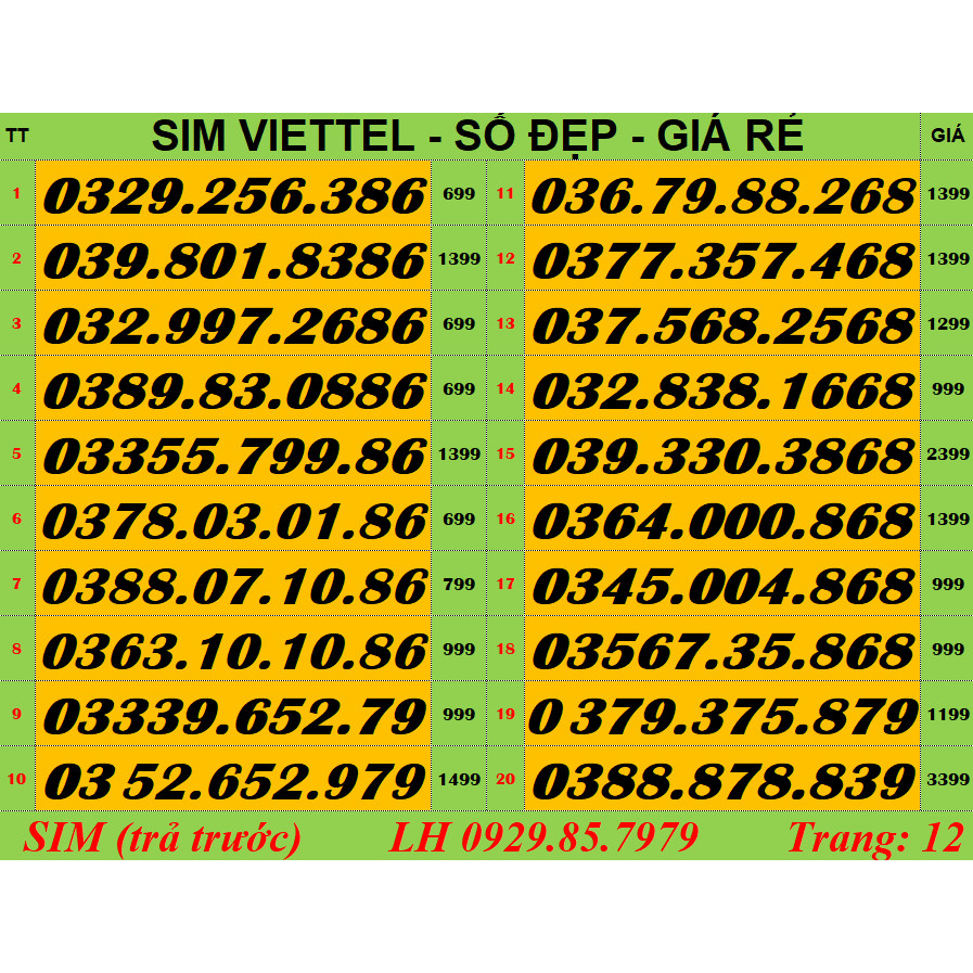 SIM SỐ ĐẸP Viettel 03, Đuôi 86,68,79. Thần tai-Lộc Phát - Phong Thuỷ*** SimViettel được nhiều người yêu thích.