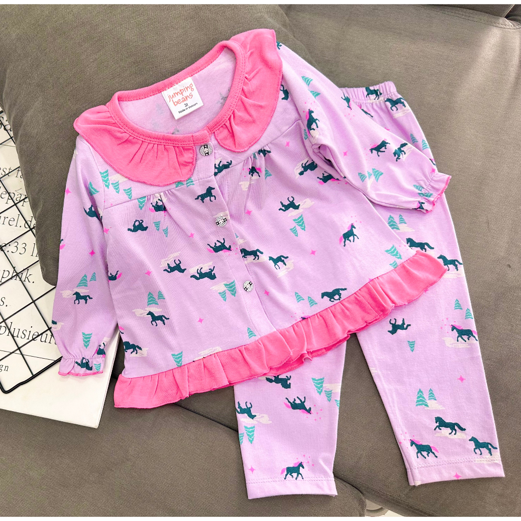 10- 23 Ký Bộ tay dài quần dài cho bé thun cotton xuấ.t  babydoll bèo nút - Quần áo cho bé - PikaKid's