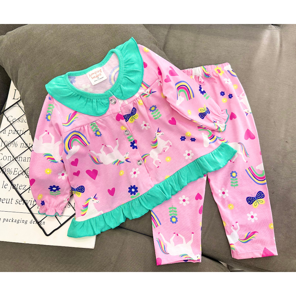 10- 23 Ký Bộ tay dài quần dài cho bé thun cotton xuấ.t  babydoll bèo nút - Quần áo cho bé - PikaKid's