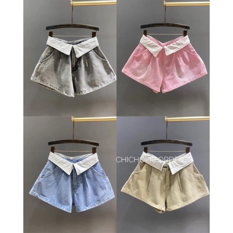 Quần short jean lưng lật trắng