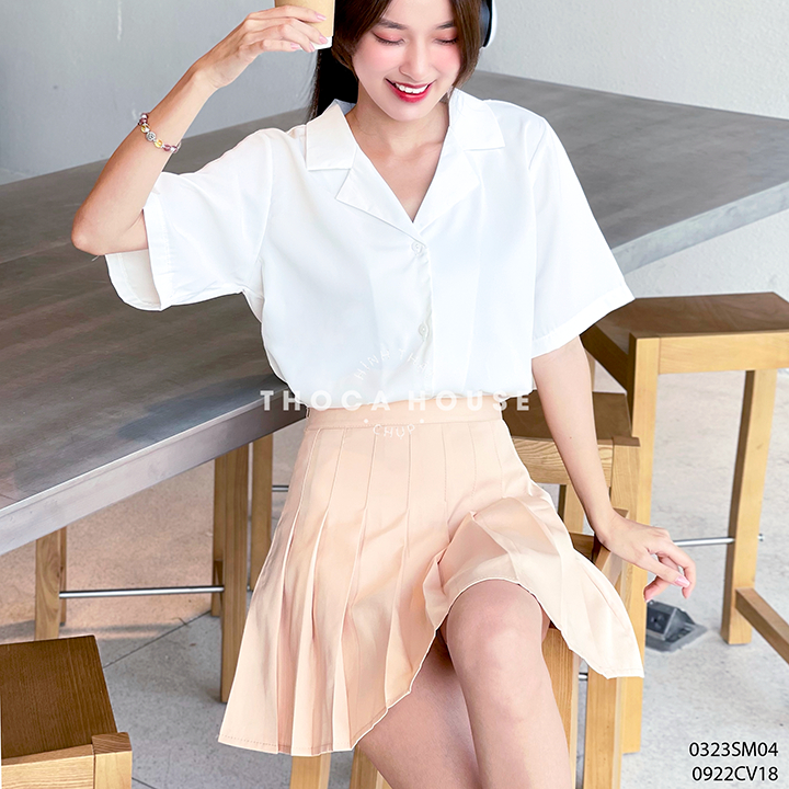 [XẢ HÀNG] Chân váy xếp ly nữ sinh dáng ngắn trơn kem THOCA HOUSE có lót trong, phong cách Hàn Quốc