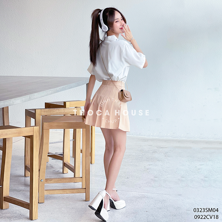 [XẢ HÀNG] Chân váy xếp ly nữ sinh dáng ngắn trơn kem THOCA HOUSE có lót trong, phong cách Hàn Quốc