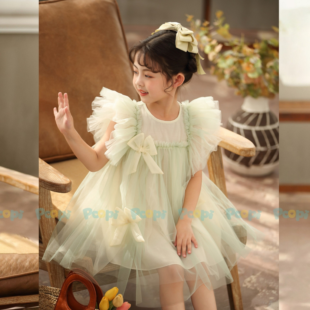 Váy Công Chúa Bé Gái Poopi Kiểu Cánh Tiên Đính Nơ Cho Bé Mặc Dự Tiệc, Đầm Bé Gái Mùa Hè Mặc Đi Chơi Đi Học