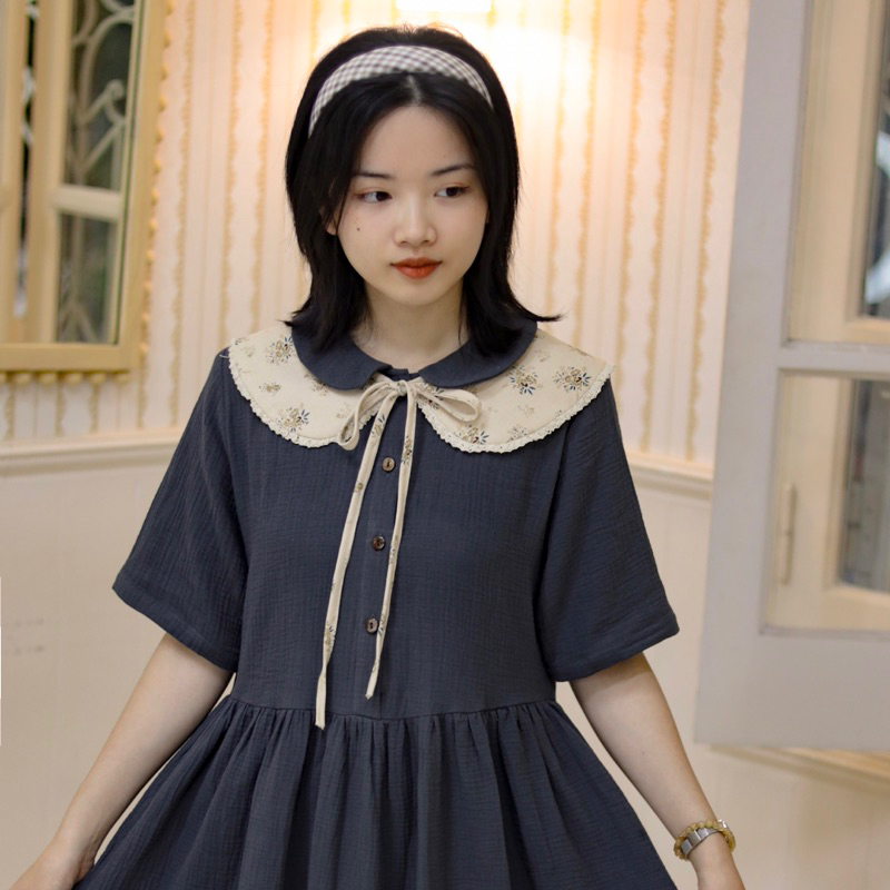 Đầm cộc tay xô muslin - tặng kèm cổ áo | Lá Xoè
