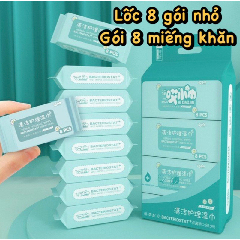 khăn giấy ướt mini sét 8 gói (64 tờ) tiện lợi dùng cho bé