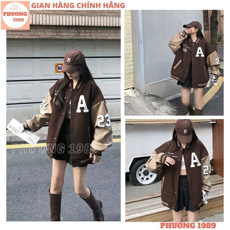 Áo khoác bomber chữ A nâu thời trang unisex, Áo khoác jacket bóng chày nam nữ form rộng phối màu cá tính - 1989