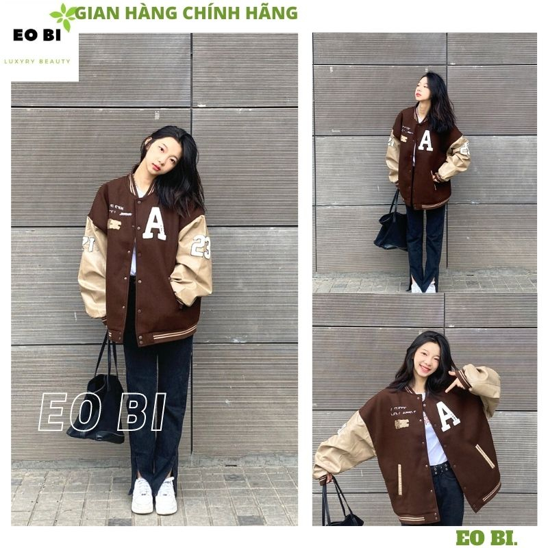 Áo khoác bomber tay da chữ A nâu thời trang unisex, Áo khoác jacket bóng chày nam nữ form rộng phối màu cá tính - EOBI