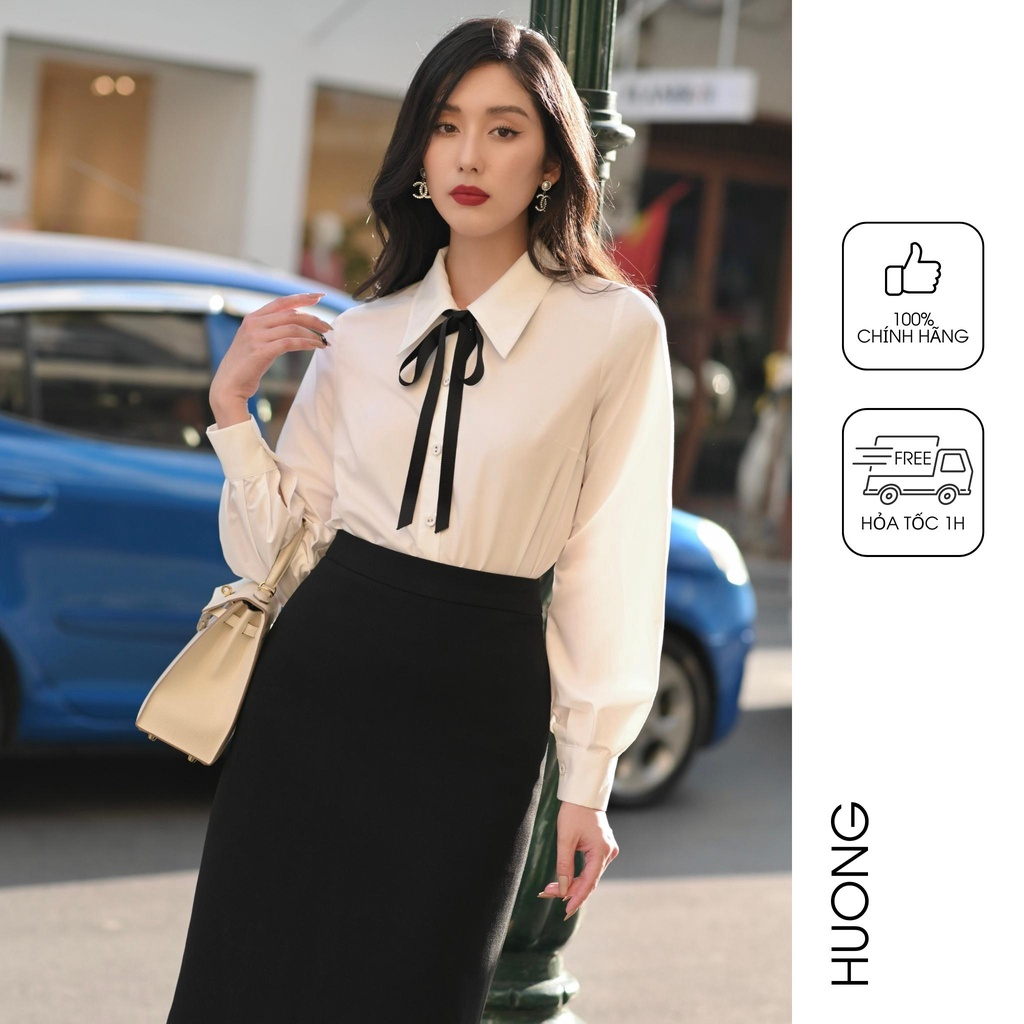 BSSM06 Áo sơ mi cổ đức thắt nơ và chân váy chữ A