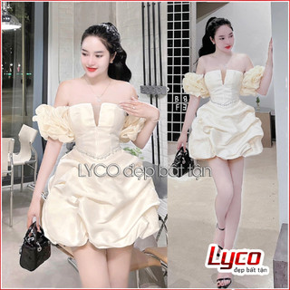 Đầm trễ vai Tafta nhũ xẻ lưới ngực tay bồng eo dây đá dáng váy xòe tùng bí công chúa