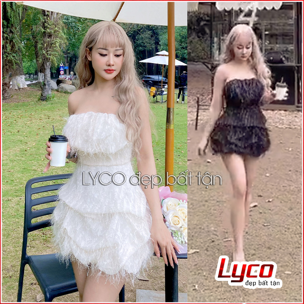 Đầm cúp ngực lông tua rua kim tuyến ngực xếp ly chân váy dập phồng tùng bí 2 màu
