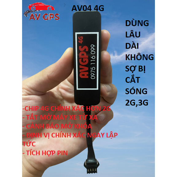 Định vị xe máy, ô tô GPS 4G AV04 hỗ trợ 4G tắt mở máy từ xa, chính xác cao, phần mềm tiếng Việt, bảo hành 1 năm
