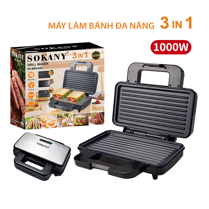 Máy nướng bánh mỳ, Làm bánh kẹp tàn ong waffle Đa Năng 3IN1 SOKANY 1000W [BH 12 Tháng]