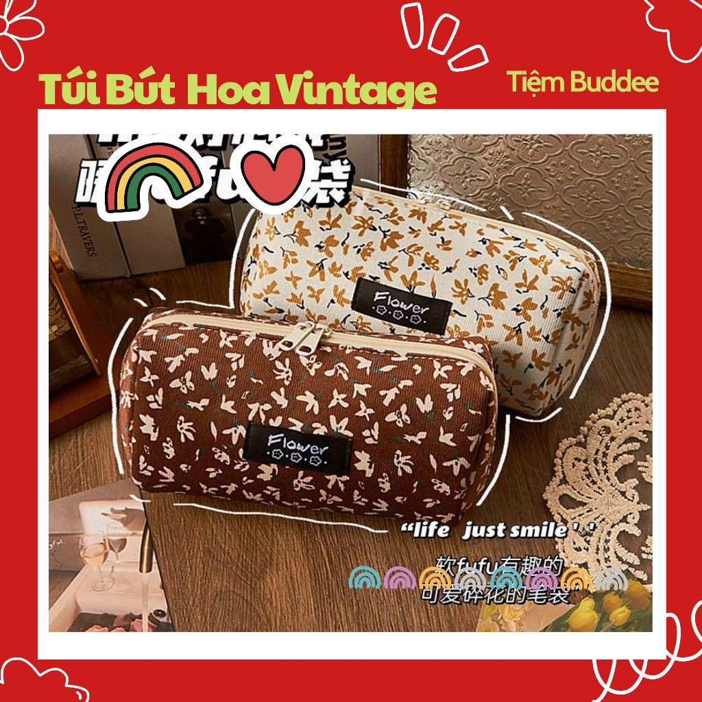 Túi Bút To Vintage Flower Pencil Case Vải Nhung Mịn