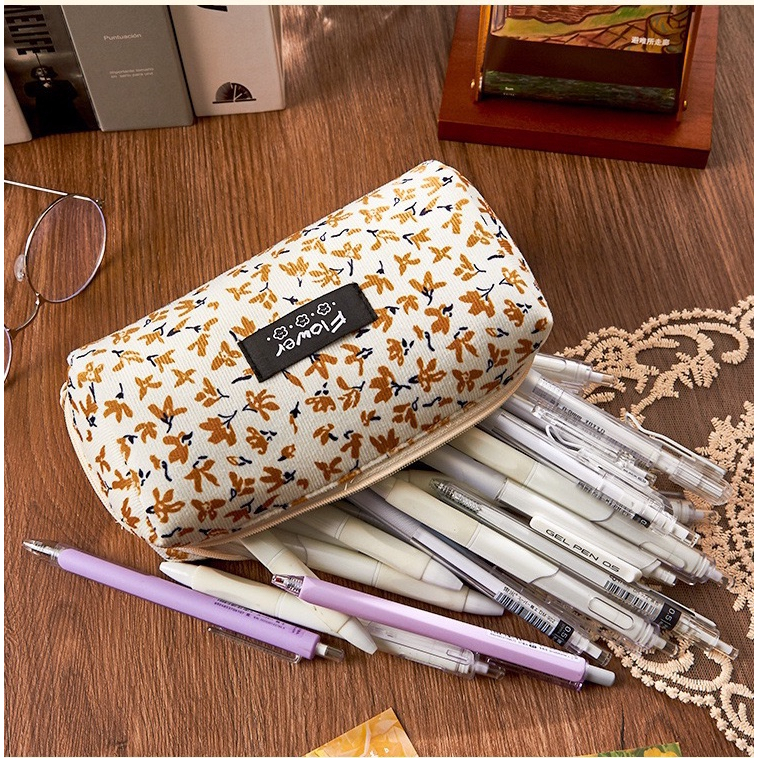 Túi Bút To Vintage Flower Pencil Case Vải Nhung Mịn
