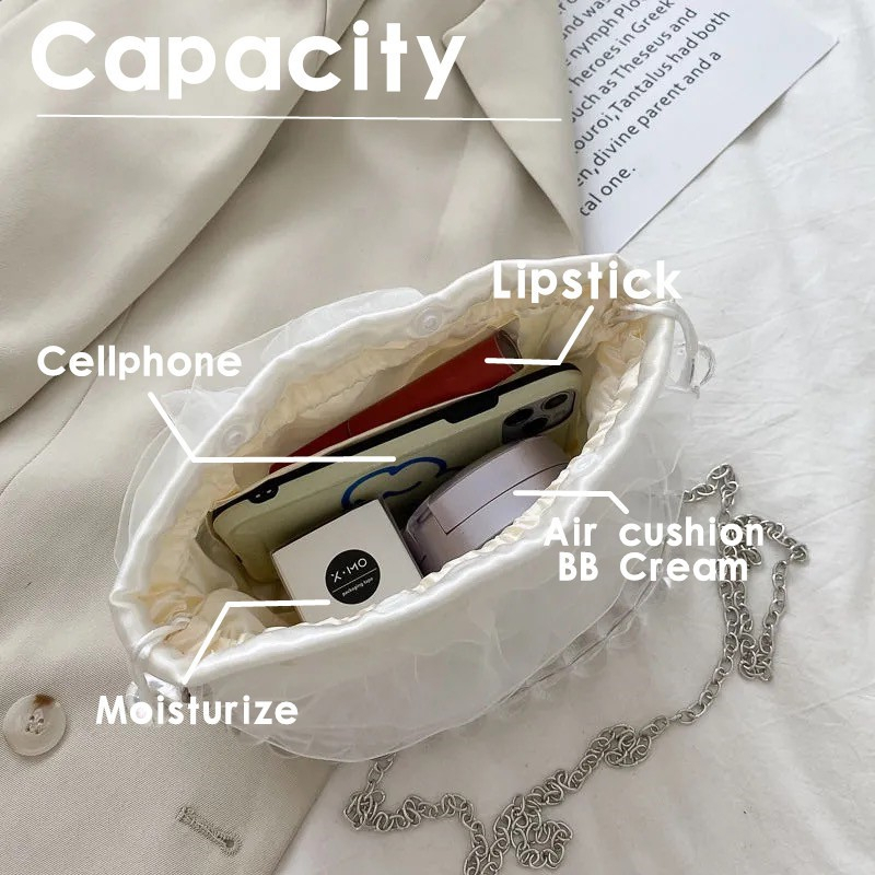 Túi Xách Mini Phối Ren Thiết Kế Dây Ngọc Trai Phong Cách Tiểu Thư Cho Nữ, Túi Đeo Chéo Đeo Vai Dễ Thương Thời Trang