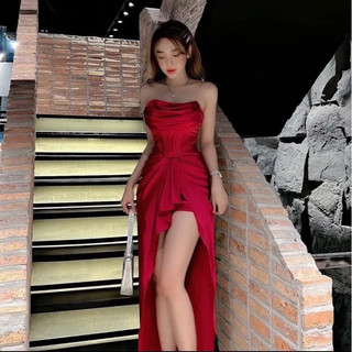 đầm phi lụa maxi xẻ tà dài cúp ngực có mod lyie