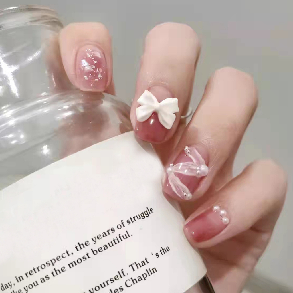 Móng tay giả đính đá ngắn DZ004, Set 24 móng giả đính nơ, Nailbox, Nail xinh