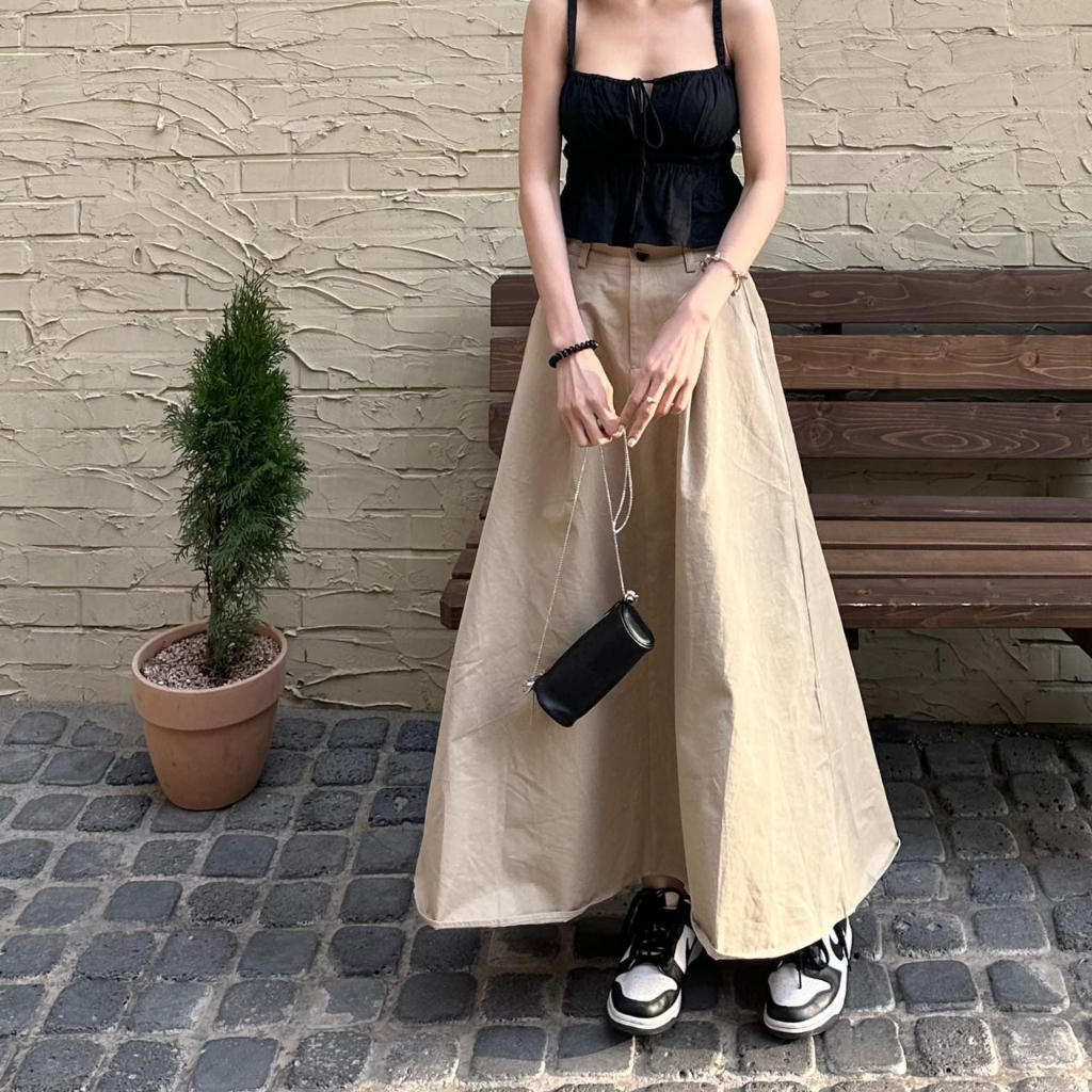 SET ÁO PEPLUM ĐEN 2 DÂY CROPTOP + CHÂN VÁY KEM MIDI XÒE (TH)
