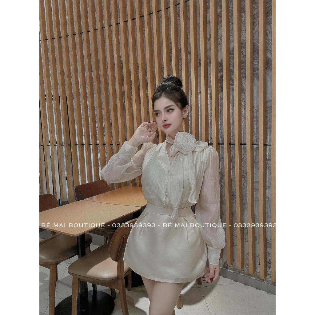 SET ÁO SƠ MI TƠ KEM HOA CỔ + CHÂN VÁY KEM (TH)