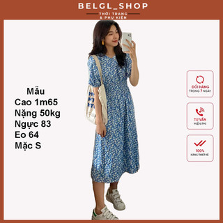Đầm hoa nhí cổ tròn dáng dài màu xanh tay phồng nhẹ phong cách vintage