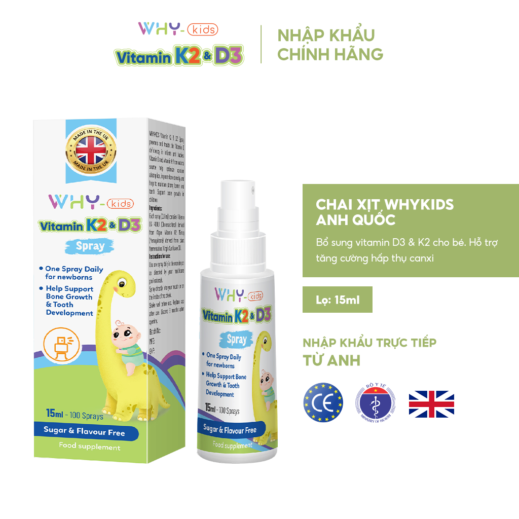 Chai xịt WhyKids bổ sung Vitamin D3 và K2 cho bé, tăng cường hấp thu Canxi hỗ trợ phát triển chiều cao 15ml