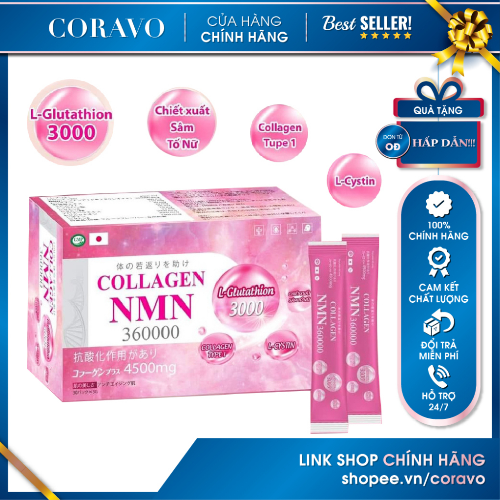 (AUTH) Collagen NMN 360000 Da Sáng Mịn Màng Giúp Làm Chậm Quá Trình Lão Hóa Da Chính Hãng Hộp 30 gói x 3g - Coravo