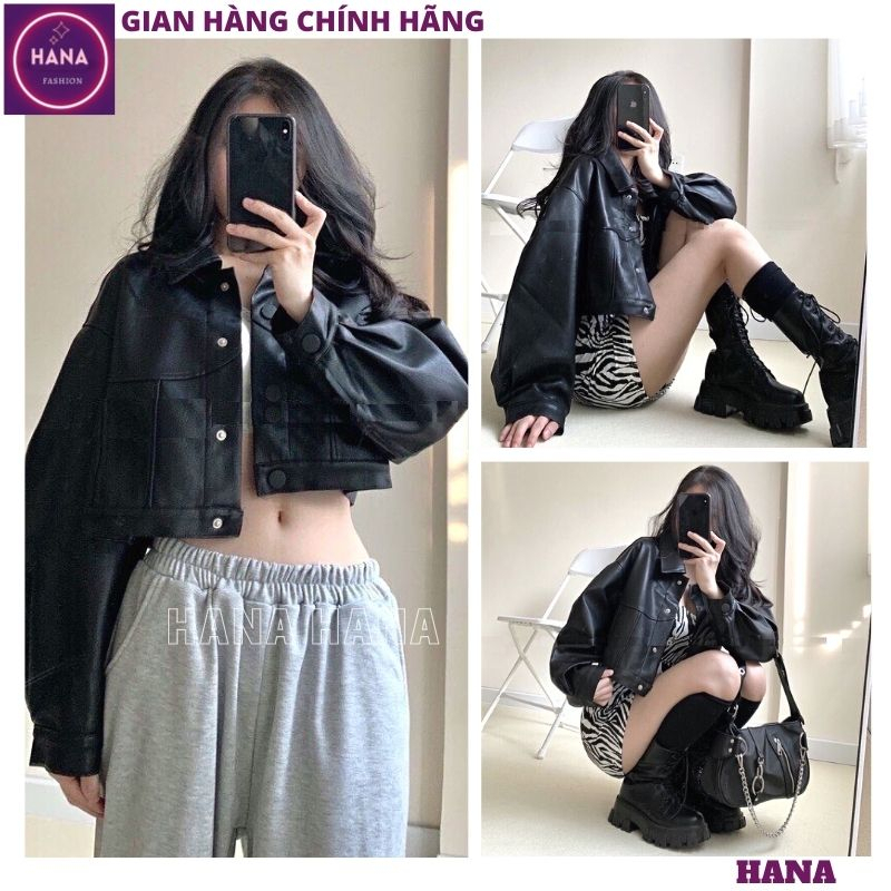 Áo khoác da dáng croptop basic nam nữ cổ bẻ, Áo khoác da cúc phong cách cá tính trẻ trung năng động phong cách - HANA