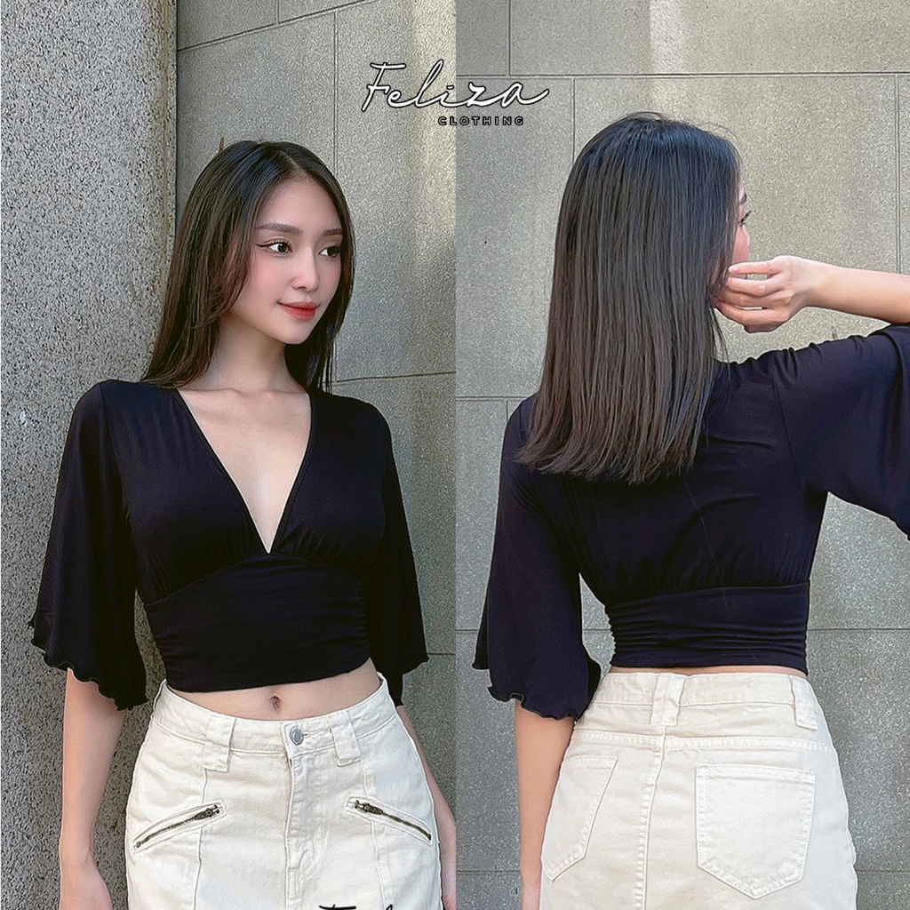 Áo thun Croptop nữ dáng ôm cổ V cánh tiên cá tính chất thun cotton – Feliza Clothing